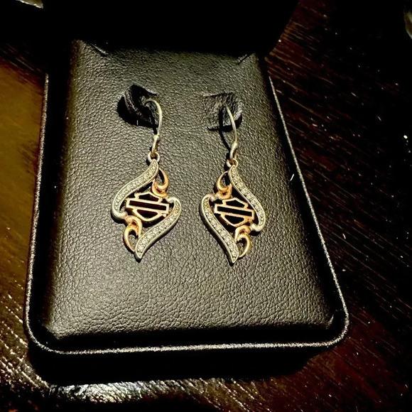 Harley-Davidson® Women's Rose Gold Plated & Silver Bling Dangle Earrings - Picture 1 of 1